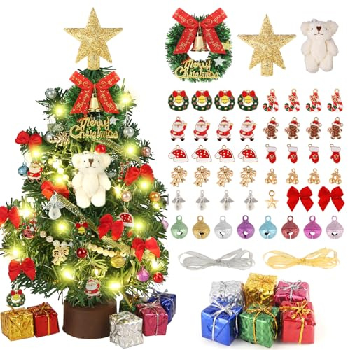 XIMISHOP 12 Inch Artificial Tabletop Christmas Tree，30CM Small Tabletop Christmas Tree with LED Lights & Ornaments for Christmas Holiday Party Home Decor