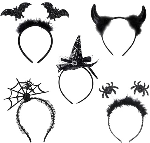 GWAWG Halloween-Stirnbänder, Spinne, Netz, Fledermaus, Hexe, Teufelshörner, Kopfbedeckung für Damen und Mädchen, Kostüm, Karneval, Festival, Feiern, Dekoration, Maskerade, Partyzubehör, 5 Stück