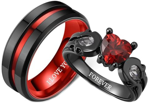BomdoG Paar Ringe Personalisiert Pärchen Ringe für 2 mit Gravur Edelstahl Herren Ring Wolfram Schwarz Rot Valentinstag Schmuck für Sie und Ihn Hochzeitstag Geschenke für Paare,Größe 49-69 (Paar)