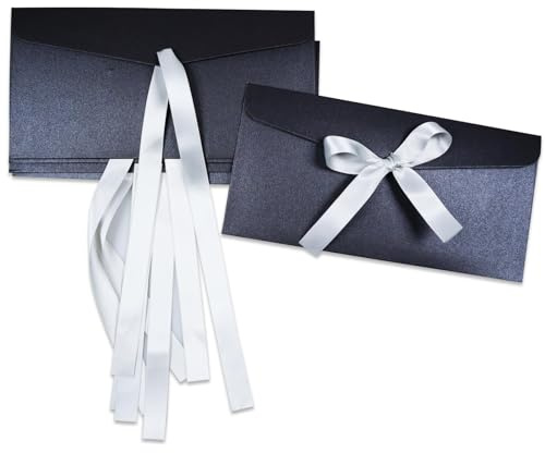 BINLINHONGO Lot de 5 enveloppes en papier kraft avec nœud en ruban, enveloppes épaisses de couleur nacrée pour cartes de vœux, fournitures de festival, invitations d'anniversaire/fête/mariage, noir