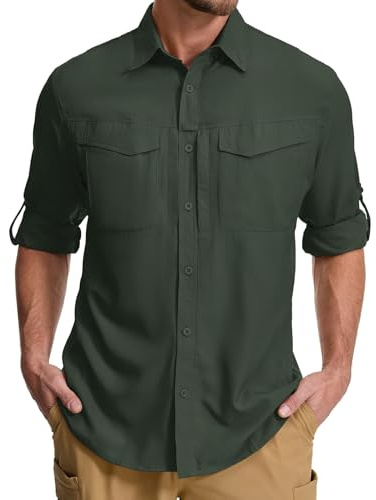 Asfixiado Chemise pour Homme Safari UPF50+ Protection UV Manches Longues Chemise de Randonnée pour Homme Chemise Fonctionnelle Chemise Outdoor Chemise Respirante Séchage Rapide, Vert armée, L
