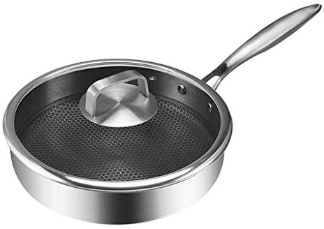 Padella in acciaio inox con coperchio, antiaderente e sicura per pancake, bistecca e frittura