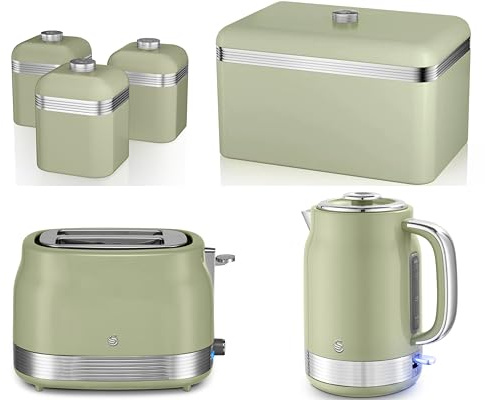 Swan Retro Revive 1.7L 3KW Jug Kettle, 2 Slice Toaster, Retro Breadbin and Canisters. Matching Retro Kitchen Set of 6 in VIntage Green with Chrome Accents