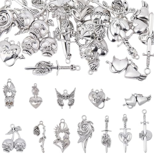 BEAMARKER 24Pcs 12 Styles Gothic Charms Bulk Tibetan Antique Silver Goth Pendants Skull Devils Heart Sword Wing Owl Butterfly Rose Charms for DIY Necklace Bracelet Earring Craft Jewelry Making