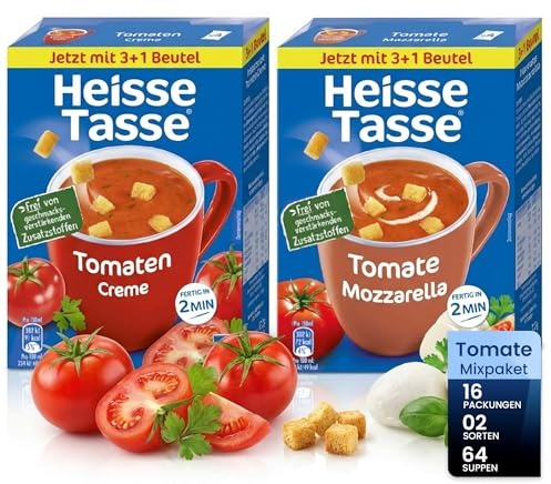 Erasco Heiße Tasse Tomate Mixpaket Suppe, 16er Set | Mit Tomaten Creme und Tomate Mozzarella, schnelle Zubereitung, ideal für Zuhause oder Büro