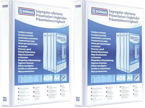 DONAU 2788304PL-09 Classeur de Présentation/Personnalisable pour DIN A4 4RD anneaux 30 mm/Carton Recouvert de PP/Blanc/avec Pochettes / 1 pièce/Rigide 4 anneaux (Lot de 2)