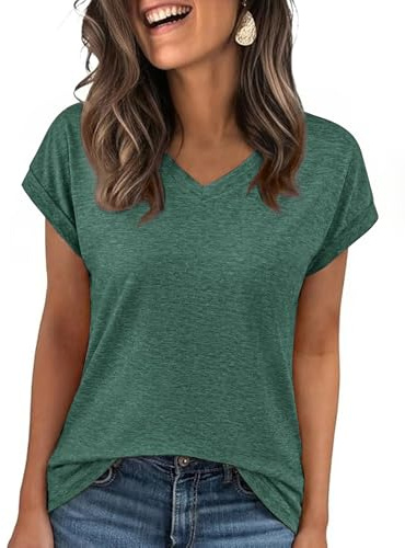 Demegimi Tee Shirt Femme Manche Courte Col V Haut Été T-Shirt Basique Uni pour Femme Quotidien,Vert,XXL
