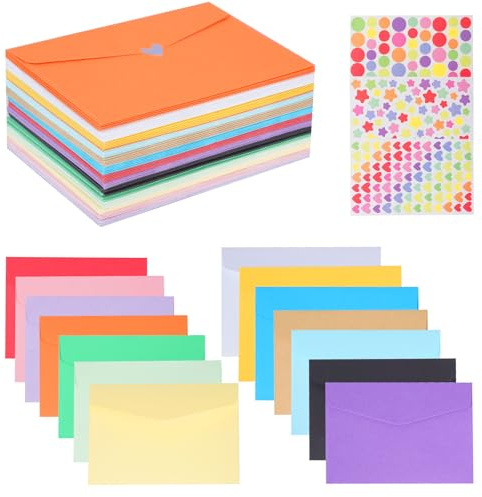 Lot de 70 mini enveloppes multicolores - 14 couleurs - Sans fenêtre - Avec 3 feuilles d'autocollants - Pour mariage, anniversaire - 115 x 82 mm