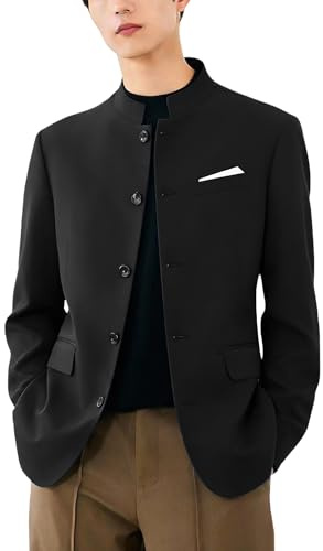 i · FineLong Men's Chinese Suit Jacket Formal Slim Fit Traditional Mandarin Collar Blazer for Wedding Business Casual Events (US, Alpha, Large, Regular, Regular, Black)