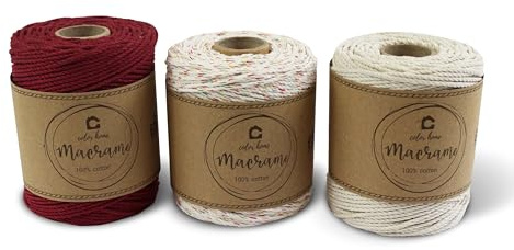 Colorhome Makramee Garn 3 Stück - 100 m Baumwollgarn Baumwollkordel 2 mm 3-Fach - burgunderfarbener, mehrfarbiger Sand