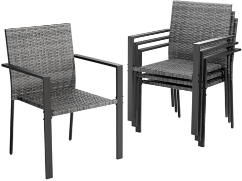 Amopatio Gartenstühle Stapelbar 4er Set, Polyrattan Stapelstuhl Garten mit Armlehnen, Stabiler Stahlrahmen, Wetterfest Rattansessel - Rattan Balkonstühle für Balkon, Terrasse, Grau