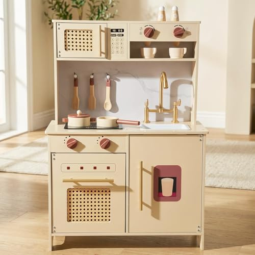 WoodenFun Cuisine de jeu rétro pour enfants en bois crème-beige avec micro-ondes, four, évier et accessoires, jouet de rôle - Cuisine en bois moderne pour enfants à partir de 3 ans (Jaune)