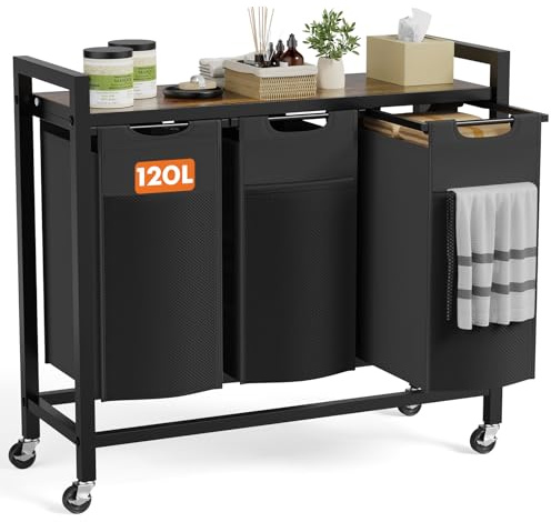 DUMOS Laundry Hamper with 3 Pull-Out Removable Sorter Bags, Movable Wheels, Freestanding Clothes Basket Organizer in Bathroom, 3 × 10.6 Gal (120L) Capacity, Rustic Brown and Black