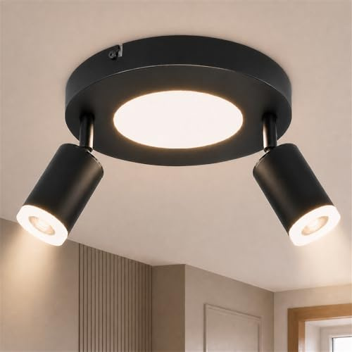 cupgow LED Deckenstrahler Schwarz 2 Flammig Rund Deckenlampe Deckenspots | 20W 3000K Warmweiß Schwenkbar 350° Küchenlampe GU10 Deckenleuchte Modern Wandstrahler für Schlafzimmer Flur 2*Max.25W
