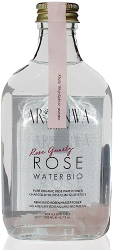 Reines Bio Rosenwasser in Glasflasche mit Rosenquarz-Kristallen - Reinigt porentief, erfrischt & verleiht strahlendes Hautbild | Alkoholfreies Gesichtwasser für Gesicht, Körper & Haare (200ml)