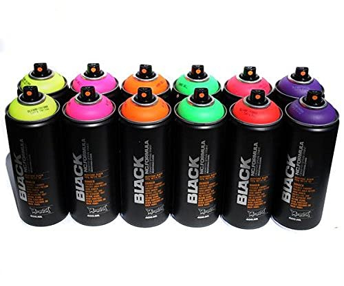 Montana Black 400 ml Set mit 12 fluoreszierenden Farben Graffiti Street Art Wandbild Sprühfarbe
