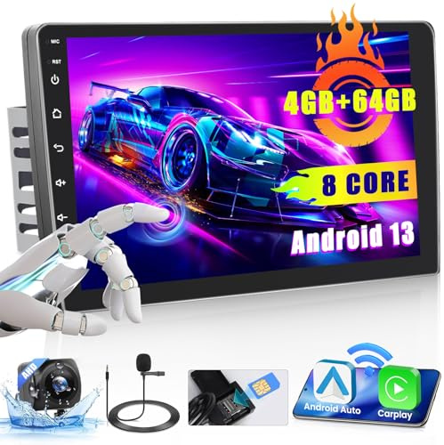 Hikity [Support SIM Card] 8 Core 4+64G Double Din Android 13 Car Stereo with Wireless Carplay Android Auto, 9 Inch Touch Screen Radio Bluetooth WiFi GPS FM Radio Mirror Link MIC AHD Backup Camera