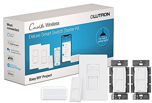 Lutron Caseta Deluxe Smart Light Switch Kit w/ Pico Remote, Wall Plate, Smart Hub, and Smart Switch, Works with Alexa, Apple Home, Ring, & Google Home, Single-Pole/3 Way, 5 Amp, P-BDG-PKG2WS-WH