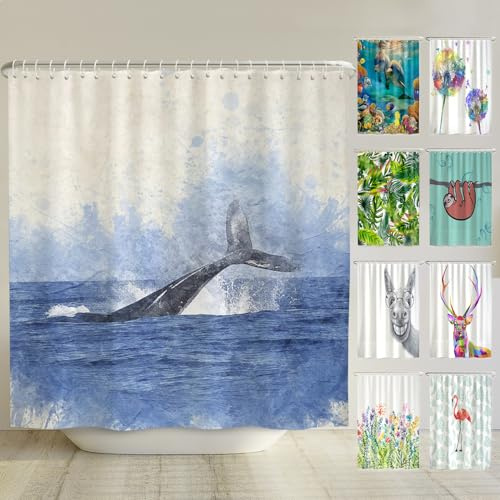 arteneur Anti-Schimmel Duschvorhang 200x220 cm Wal Fisch | Textil recycelt, OEKO-TEX 100, 40°C Maschinenwäsche, blickdicht, wasserdicht, beschwerter Saum, mit 12 recycelten Ringen