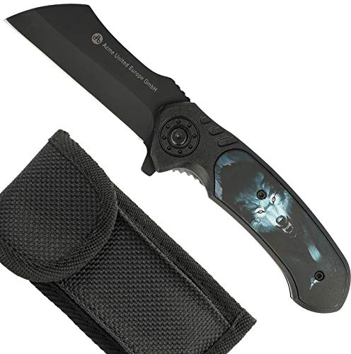 Klappmesser Wolf mit Tiermotiv in türkis, Einhandmesser mit Gürteltasche, 8,5 cm Klinge in schwarz, Clauss 10005