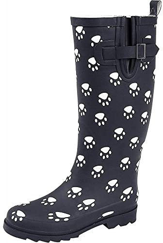 StormWells Womens/Ladies Paw Print Rubber Galoshes (7) (Navy Blue)
