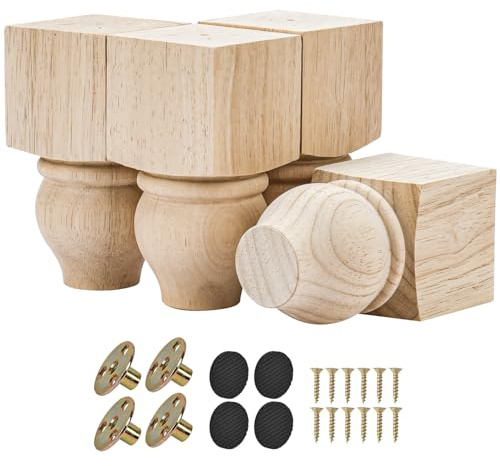 TCHOSUZ 5 Inch Wooden Furniture Legs, Pack of 4 - Unfinished Solid Wood Bun Feet with M8 Hanger Bolts & T-Nuts for DIY Installation - Furniture Replacement & Riser for Sofa Cabinet Ottoman Dresser