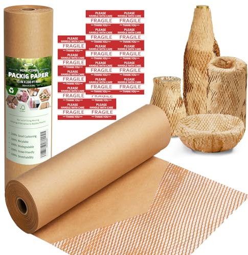Rouleau de papier d'emballage en nid d'abeille de 38,1 x 61,4 m, alternative durable au papier bulle pour déménagement/expédition/emballage avec 20 autocollants fragiles, biodégradable et entièrement