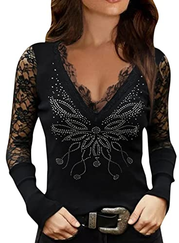 Magliette e Camicette Donna Moda Casual Pizzo Maglia Cuciture con Scollo a V Manica Lunga con Cerniera