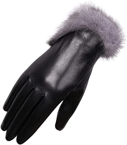 OLOTU Atmungsaktiv Lammfell-Lederhandschuhe, Touchscreen-Fäustlinge, winterwarme Plüsch-Vollfingerhandschuhe, modische Damenhandschuhe, schwarz Warm