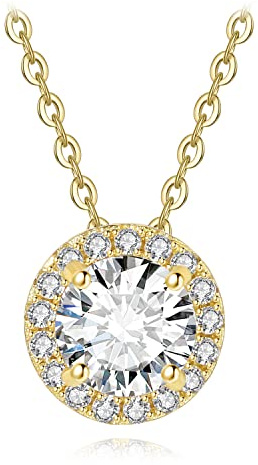 JewelryPalace Collar Plata Mujer con 1ct Moissanita Corte Redondo Chapado Oro, Colgante Clásico con Diamante Simulado Brillante Niña, Collar Halo con Cadena 45cm Boda Mujer, Conjunto Joyas para Novia