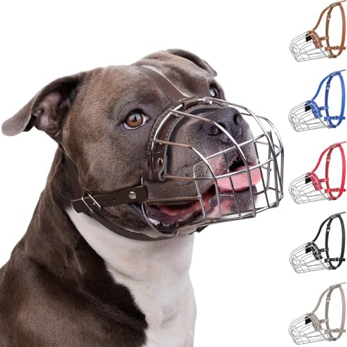 BronzeDog Maulkorb für Hunde aus Metall – Amstaff Drahtkorb mit verstellbaren Lederriemen für große Hunde