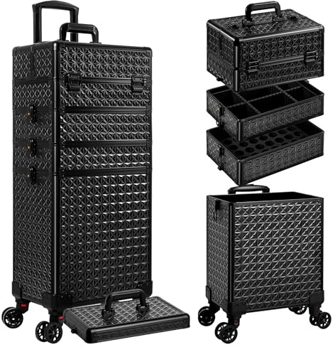 AROUS 5 in 1 Rolling Makeup Train Case Cosmetology Case on Wheels Large Cosmetic Organizer Travel Cart for Hairstylist Artist Nail Beauty Salon Barber, Colorful, Rolling Makeup Train Case Large