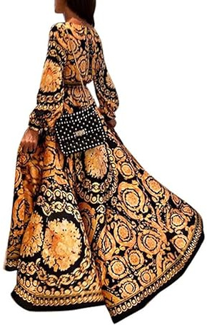 VIVICOLOR Robe Longue Fluide à imprimé Ethnique et à Manches Longues pour Femme