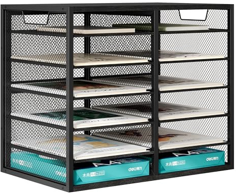 Senhoglb 12 Fächer Schreibtisch Ordner Organizer, Holz Briefablage Stapelbar, Multifunktionaler Briefablage, Metall Aktenablage, Dokumentenablage A4 Papier Aufbewahren, Schwarz