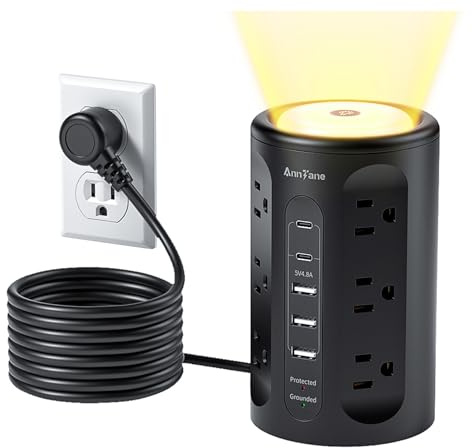 AnnTane Power Strip Tower with Night Light, Power Strip Surge Protector with USB Ports, Extension Cord 10 FT with Multiple Outlets (12AC+3A+2C) for Home Office Desk DormRoom (Black)