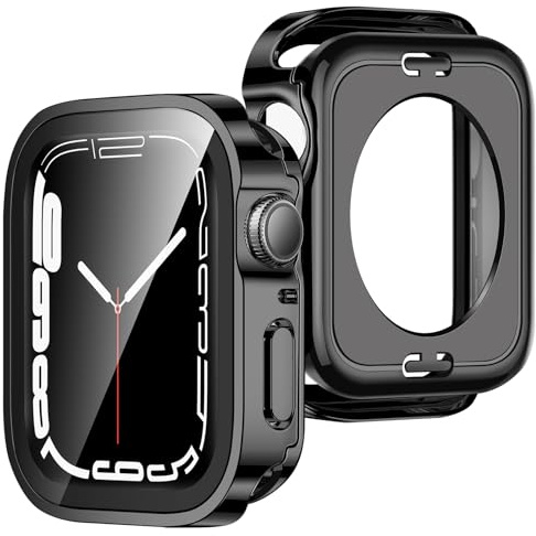 ZZDZZ [2 Pièces] 2 en 1 Coque Compatible avec Apple Watch 44mm Série 6 SE Série 5 Série 4 avec Protection Écran en Verre Trempé, Protection Complète Dur PC Anti-Rayures Coque pour iWatch (Noir)