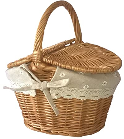 Picknickkorb Wicker gewebter Speicherkorb mit Deckel 26x18x14cm Ovaler Randalität Picknickkorb mit Griffen zum Campen und im Freien