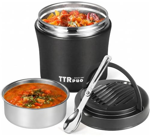 Insulated Food Container Soup Thermo for Hot Cold Food Adults 40 OZ, Stainless Steel lunch box, Wide Mouth Thermo Jar with Folding Spoon and Handle (BLACK)