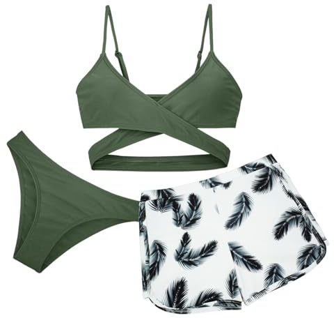 Panegy Flickbaddräkter 3 stycken bikini baddräkt camisole topp med cover up strandshorts barn simning kostym surfing badmode 8–15 år, Ljusgrön, 10-11 År