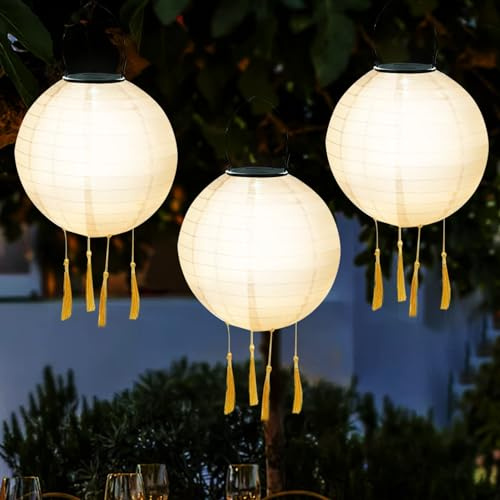 Pack de 3 farolillos solares para exteriores, resistentes a la intemperie, farolillos solares LED impermeables, de nailon, 20 cm, farolillos solares para exteriores, jardín, decoración de fiesta de