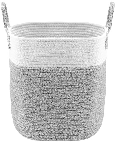 UNGFEI Cesto in cotone con manico, 33 x 33 x 43 cm, cesto portaoggetti rotondo in tessuto, cesto portabiancheria intrecciato con patchwork grigio in corda di cotone per asciugamani, pannolini,