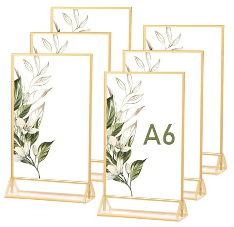 LDXDRU 6 Stück Acryl Gold Tischnummern Hochzeit, A6 Tischaufsteller Menü Halter Display, Gold Tischkartenhalter Bilderrahmen Doppelseitige für Hochzeit Tischnummern, Speisekartenhalter, Fotorahmen