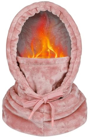 JFAN Wintermütze für Damen Schal MüTZE Set Warme Plüsch-Mütze Hoodie Mütze Kapuzenschal Wintermütze Verstellbar Rosa