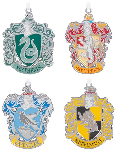 Hallmark Harry Potter Hogwarts Crests Metal Keepsake Ornament, 4-Pack | Christmas Tree Decoration, Includes Gryffindor, Slytherin, Hufflepuff, Ravenclaw, 3.8x3.1cm, Coloured Metal, Easy to Hang