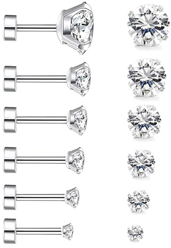 JEXOWIQ 6 pares pendientes para mujer, pendientes pequeños de diamante, redondos, de cartílago, 3/4/5/6/7/8 mm para hombres, niñas y mujeres