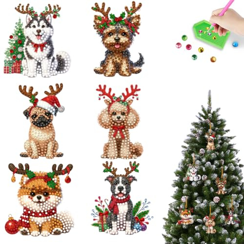 Starnearby 6 Stück Diamond Painting Weihnachts Anhänger,Weihnachten Anhänger | Christbaumschmuck | Weihnachtsanhänger | Weihnachtsdeko (Hund)