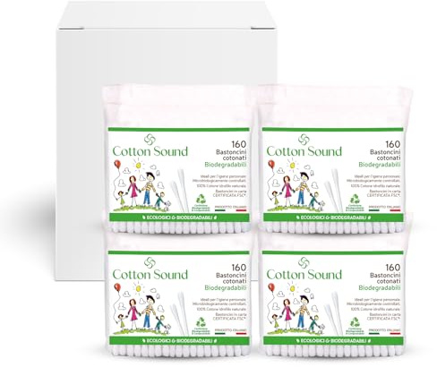 COTTON SOUND ECO Bastoncini Cotonati Busta 1 confezione x 160 Pezzi, Bastoncini Cotonati Ecologici e Biodegradabili, 100% Puro Cotone Idrofilo, Busta Compostabile, Made in Italy (Confezione da 4)