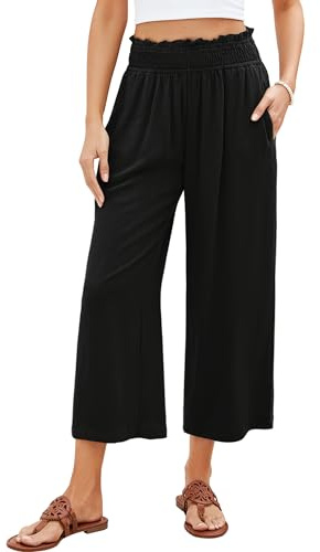 Roskiky Pantalones capri para mujer, cintura alta, pierna ancha, de lino, pantalones palazzo elásticos, cintura holgada, Negro , XL