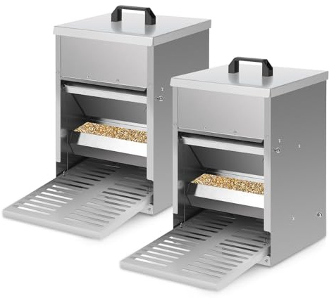 2x Fiqops Futterautomat Hühner 5KG Futterspender Futtertrog mit Automatisches Pedal und Wasserfest ,Decke Hühnerfutter für Geflügel ideales Hühner Zubehör, Wasserdicht und rattensicher, verzinkt