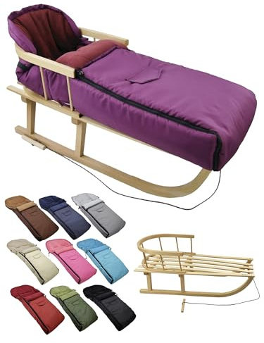 BambiniWelt Holzschlitten mit Rückenlehne & Zugseil + Winterfußsack 108 cm – warmes Thermofleece, wasserabweisend – Kombi-Set für Kinderwagen & Buggy, Farbe: kirsch